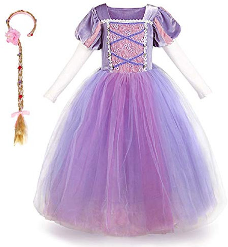 Mädchen Cosplay Kleid Rapunzel Prinzessin Kostüm Kinder Grimms Karneval Tangled Partykleid Halloween Festival Fotoshooting Magie Faschingskostüm Festkleid Fancy Dress Up Lila+Haarband (2PCS) 4-5 Jahre