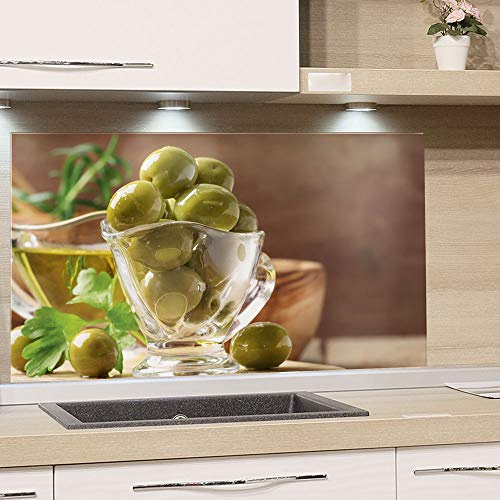 GRAZDesign Spritzschutz Küche Herd, Oliven Grün Braun, Küchenrückwand aus Echtglas, Wandschutz Glasbild 4mm ESG Glas / 80x50cm