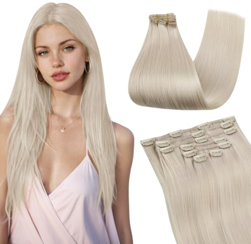 Ugeat Human Hair Clip in Extensions 22 Inch Platinum Blonde 120g #60A | Clip in Hair Extensions Real Human Hair, White Blonde, Double Weft, Remy Hair, Long Straight Hair, Volume Style