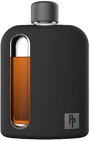 Ragproper Flasque moderne en verre pour homme avec couvercles en liège et silicone – Bouteille recouverte de silicone durable pour whisky et autres boissons alcoolisées (double shot, 240 ml, noir)