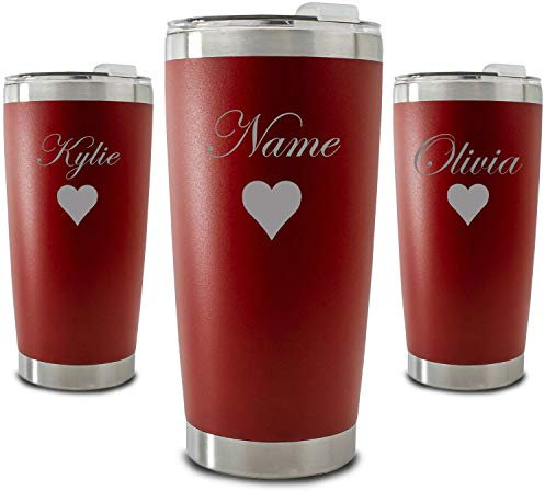 Personalised Engraved 500ml Red Travel Cup with Name and Heart Design, Personalise with Any Name