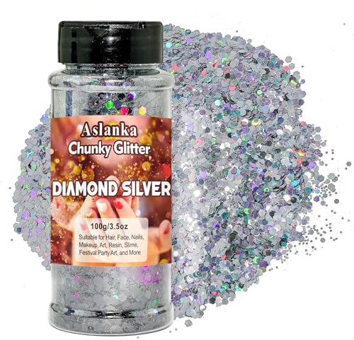 Aslanka 100g Brillo Corporal, Plata Purpurina Gruesa Holográfica, Chunky Glitter Flakes Paillette Brillante Decoración para Cara Maquillaje Pelo Arte Corporal Uñas y Hacer Manualidades