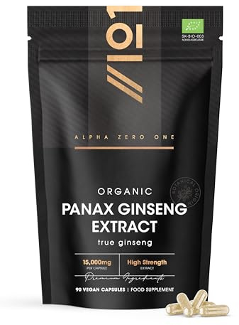 Organic Panax Ginseng 15,000mg – High Strength True Ginseng 30:1 Extract – 90 Vegan Capsules – Resealable and Recyclable Pouch by Alpha01