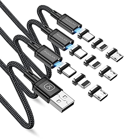 Kuulaa 3-in-1-Magnetladekabel [3 Stück], 3A-Schnellladekabel Magnet Ladekabel aus Nylon, geflochten mit LED Light Magnetic USB Ladekabel für Micro-USB, Typ C-Geräte und iProducts (1 m+1 m+1 m)