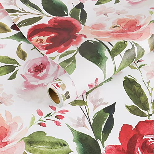 VEELIKE Papier Peint Fleuri Rouge Vintage Papier Adhésif pour Meuble Cuisine Aquarelle Floral Épais Rose Rouge Papier Peint Adhesif Decoratif Mural Feuille Autocollant Salon Armoire Chambre 45cm×300cm