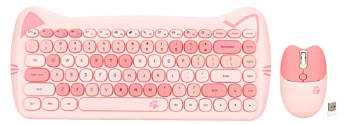 Dpofirs Kabellose Tastatur-Maus-Kombination, 2,4 G USB, Ergonomische Katzenform, Gemischte Farbe, Süße Tastatur und Maus in Voller Größe für Computer, Desktop, PC, Laptop(Pulvermischung)