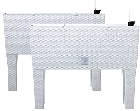 PAFEN 2 x vasi per fiori con piedini, 595 x 240 x 460 mm, effetto rattan, indicatore del livello dell'acqua, fioriera da balcone, colore: bianco