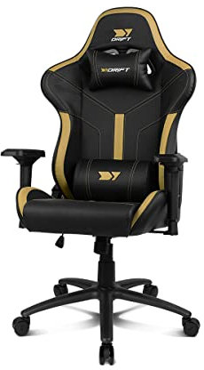 DRIFT GAMING DR350 - Silla Gaming Profesional, Polipiel, reposabrazos 4D, Ruedas silenciosas, pistón Clase 4, inclinación, cojín Lumbar y Cervical, Color Negro/Dorado