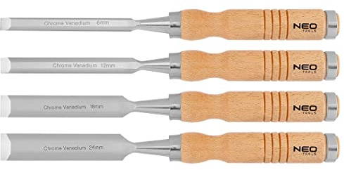 NEO TOOLS Holzmeißel, Klingenbreite 25 mm, Klinge aus CrV-Stahl, Holzheft | Holzgriffen, Schlagverstärkung, Metallringe an den Griffen, Nachschärfbar, Breite der Klingen: 6, 12, 18, 24 mm