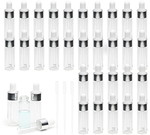 30pcs 5ml Dropper Bottle,Empty Mini Bottles with 3pcs Dropper Pipettes Golden Aluminum Alloy Cap,Refillable Small Sample Vials Container for Essential Oils Perfume Cosmetic Liquid