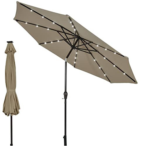 COSTWAY 3m Garden Parasol, 24 Solar Powered LED Lights Patio Umbrella with Tilt and Crank Handle, UV Protective Outdoor Table Sun Shade for Deck Yard Pool (Coffee)