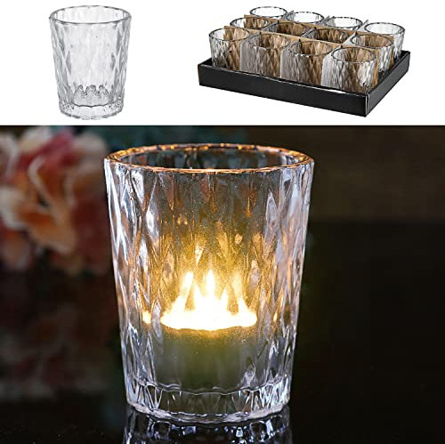 Windlicht mit Prägung 12er Set rund | Glas Ø7,5x9cm | Kerzenhalter für Teelichter und Stumpenkerzen (1 x 12er Set Windlicht Ø7,5x8cm)