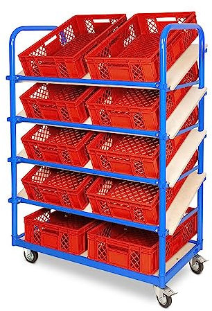 BRB Schrägboden-Regalwagen mit 5 Ebenen, bestückt mit 10 Euroboxen BxTxH 600x400x150 mm, durchbrochen, BxTxH 1050x500x1450 mm (rot)