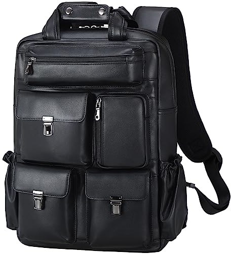 TIDING Arbeit Rucksack Herren Leder Tagesrucksack Fit 15.6 zoll Laptop Business Taschen Schulrucksack Daypacks, Schwarz
