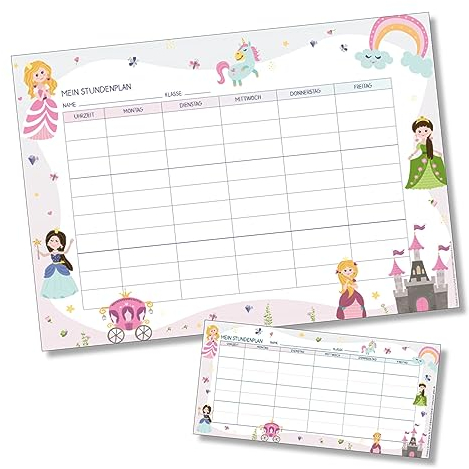 Stundenplan & Wochenplan | Stundenplan für Kinder in DIN A4 und Federmäppchengröße aus Papier | Set mit je 5 Stück | Schulplaner Wochenplaner | Geschenk Kinder Geburtstag Einschulung (Prinzessinnen)