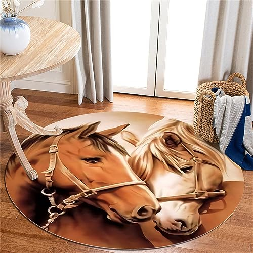 Highdi Teppich Rund rutschfest Schlafzimmer Teppiche, Kreativ Tier Drucken Innenbereich Polyester Runder Teppich fürs Wohnzimmer, Flur, Modern Kinderzimmer, Büro (120cm,Pferd)