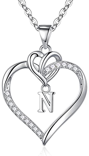 TINGN Halskette Damen Silber Kette mit Buchstaben, CZ Herz Buchstaben Kette N Damen Intiale Anhänger Kette für Mädchen Frauen Silber Kette mit Buchstaben Teenager Mädchen Geschenke Schmuck Damen Kette