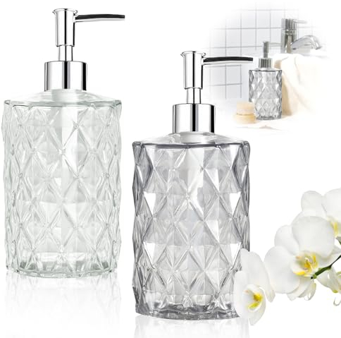 2 Pcs Distributeur Savon en Verre Transparent, avec Pompe en Plastique ABS, Flacon Pompe en Verre, Distributeur Savon Liquide pour Cuisine, Salle de Bain (330 ML)
