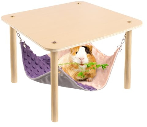 BESNEW Enlarged Guinea Pig Hammock with Wooden Stand,Small Animal Hanging Bed Large Platform for Guinea Pigs Bunny Ferret Hamster Hiding Sleeping 13L x 13W x 11H in
