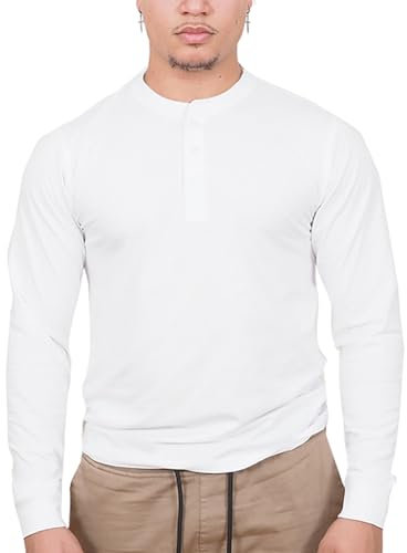 Mens Long Sleeve T-Shirt 100% Cotton Crew or Henley Neck Premium Top White