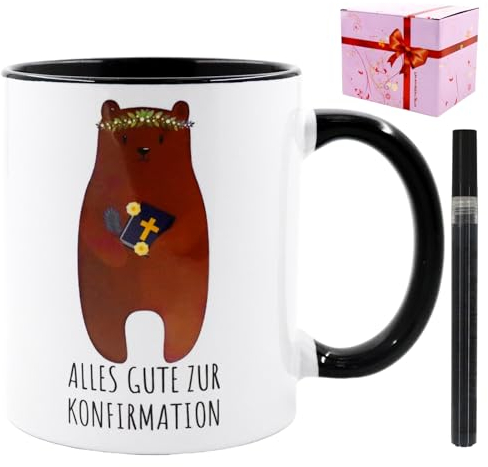 Taza de comunión, taza de confirmación personalizada, con bolígrafo de cerámica, regalo de comunión para niños y niñas (ositos)