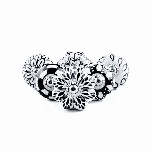 RAJRANG Black and White Ceramic Knobs for Cabinet Dresser Drawer and Furniture Hand Painted Antique Boho Cupboard Pull Knob Pack of 6