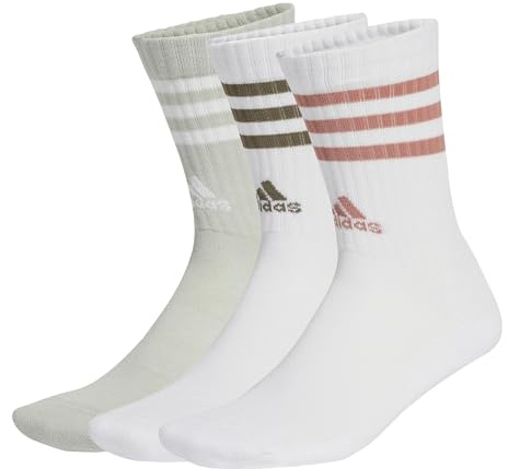 adidas Unisex 3-Stripes Cushioned Crew Socks 3 Pairs, White/White/Wonder Silver, 34-36