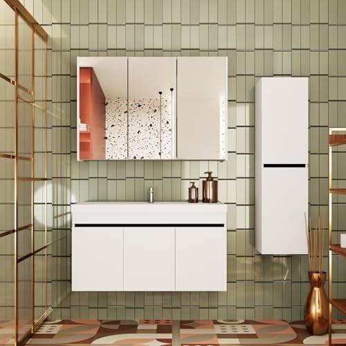 KAREN banyo Badmöbel Set Venus 100 Weiß | Keramikwaschbecken | Unterschrank | Spiegelschrank | Softclose-Türen & unsichtbare Griffe | Futuristischer Stil | Badezimmermöbel Waschtischunterschrank