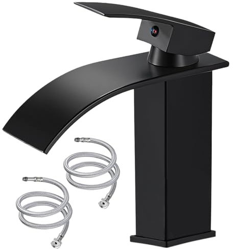 Rainie Basin Tap Waterfall Bathroom Sink Mixer Taps Basin Mixer with Single Lever Chrome Brass, Square Bathroom Sink Taps Hot and Cold Water Taps Mixer with UK Standard Hoses(Black)