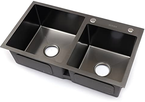 Fregadero doble de acero inoxidable de 78 x 43 cm, de acero inoxidable, doble, empotrable, rectangular, con escurridor y dispensador de jabón, adecuado para cocinas (negro)