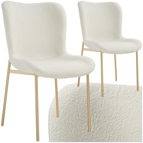 tectake® 2er Stuhl Set, Bouclé Stoff, Schalensitz Stuhl für Küche, Esstisch, Sessel Schminktisch, Cocktailsessel, Elegante Esszimmerstühle oder Wohnzimmerstühle für edles Dining - Bouclé weiß/Gold