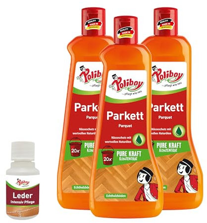 POLIBOY Parkett Pflege - Pflegendes Reinigungsmittel für Holzböden - Reinigungskonzentrat mit Avocadoöl - 3x 500 ml - Mit Produktprobe - Made in Germany
