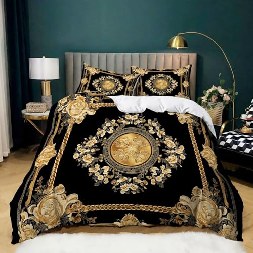 Bettbezug 200 x 200 cm Gebürstete Mikrofaser Bettdeckenbezug mit Reißverschluss Goldkette, Blumen-, Quadrat, Umrandungen Bettbezug Set 3 Teilig Schwarzes Gold Betten Set Dekorative cm