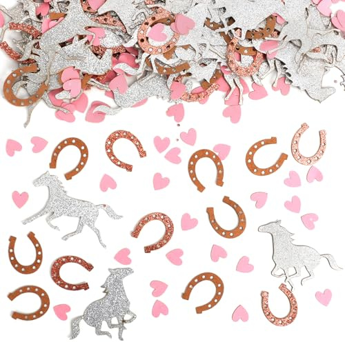 200-teiliges Pferde-Konfetti, Pferde-Partyzubehör-Set mit silbernem Pferde-Konfetti, rosa Konfetti-Papier und Hufeisen-Konfetti, Western-Partyzubehör, Hufeisen-Dekoration für Geburtstagsfeiern