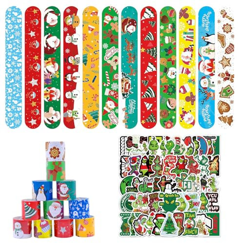 FORYNXHWIN 86 Stück Weihnachten Schnapparmbänder, Schnapparmband Kinder Snap Armband Grinch Snap Bracelets 36 Slap Bands und 50 Aufkleber für Weihnachten Party Mitgebsel Geschenke für Kinder