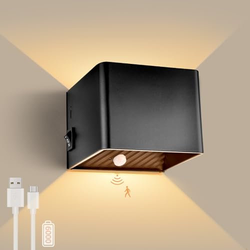 GeyouLux 6000mAh Akku Wandleuchte mit Bewegungsmelder Innen 5W LED Wandleuchte Ohne Stromanschluss,USB Aufladbare Wandbeleuchtung 3000K Magnetische Wandlampe mit Schalter für Schlafzimmer Wohnzimmer