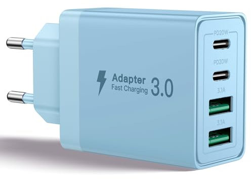 Caricatore USB C,40W 4Porte Presa USB Multipla Spina Ricarica,Muro Caricabatterie Rapido per Samsung S24 S23 iPhone 16 15 14 13 12 11 Pro Max XS 8 iPad,Carica Rapida Alimentatore Type C,Azzurro