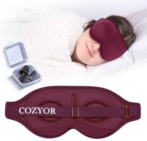 Schlafmaske mit 3D Polster 100% dunkel für Seitenschläfer mit Silkon Ohrstöpseln Augenmaske weich für Flugzeug, schwarz Eclipse, Schlafbrille mit verstellbarem Gummiband für Erwachsene & Kinder