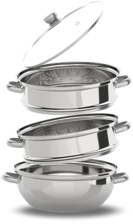 3 Tier Steamer Pot, 28cm Stainless Steel Steamers with Transparent Glass Lid, Multi-Cooker Food-Steaming Cooking Set for Gas Electric Induction and Stoves, Silver