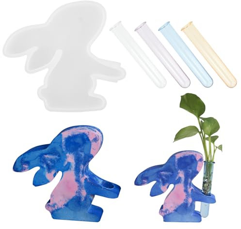 Bafeil Silikonform Hase mit Reagenzglas - Hasenform Vase für Hydrokultur, Blumenvase, Osterhasen-Dekoration, Ornament, Gips, 4 Reagenzgläser