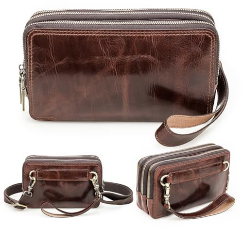 Contacts Pochette in vera pelle con cinturino da polso a 3 ZIp, unisex, piccola borsa a tracolla, pochette, borsa a tracolla per donna/uomo, Marrone scuro, Small