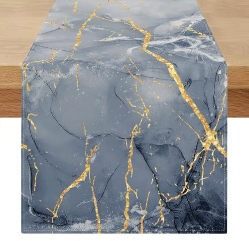 Tischläufer Waschbar Frühling 40 x 140 cm Sommer Tischläufer Moderne Marineblau und Grau Tischdekorationen Gold Texturierter Marmor für Cafe Esszimmer Kommode Couchtisch Finale