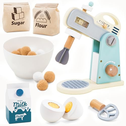 UMU® Mixer Spielset aus Holz – mit Rührschüssel, Schneebesen, Zutaten und mehr, Küchenmixer-Set Spielzeug für Kinder, 10-TLG. Küchenzubehör für kleine Köche ab 3, 4, 5 Jahre
