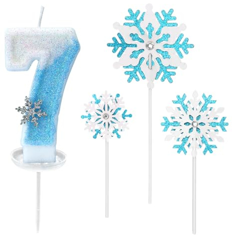 Glitzernde Zahlenkerze 7 mit Schneeflocken-Deko –Geburtstagskerze für Mädchen, Kerze 7 Geburtstag Kinder, Kerzen für Kuchen, Blau-weißer 3D-Glitzer & Tropfschutz