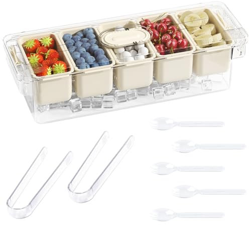 Fangoo Ice Chilled Condiment Caddy with Lid and 5 Removable Compartment Bar Garnish Tray Caddy with Tong and 5 Forks Ice Serving Trays for Salad Bar Fruit Pizza Buffets Party Accessories