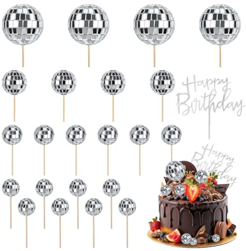23 Teile Discokugel Kuchen Toppers, Discokugel Tortendeko in 4 Größen | Spiegel Kugeln Kuchen Deko mit Happy Birthday Topper, 1970S Disco Tortendeko für Geburtstagsfeiern, Retro-Dekorationen