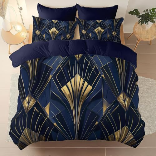 Art Deco Gold Geometric Duvet Cover Set - Navy Blue King Size Bedding Set, Reversible Printed Quilt Cover with Pillowcases, Luxury Soft Microfiber, Wrinkle Free & Easy Care, 230 x 220 cm