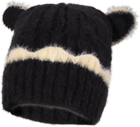 Zidoley Mütze Dame Wintermütze, Katzenohren Mütze Mit Ohren, Strickmützen für Damen, Strickmütze Warm Elastisches Beanie, für Frauen Mädchen (Schwarz)