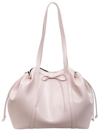 CORIOS Élégant Sac à Main Femme en PU Cuir Sac Seau à Cordon Sac Portés Épaule avec Noeud Papillon Grande Capacité Sac Fourre Tout Travail Achats Voyage Cabas Hobo Rose Clair