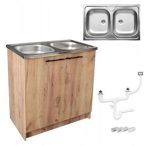 Stamar Küchenschrank 80 cm Eiche Gold 2-Becken Spüle Ohne Armatur XXL Standschrank 46cm Tiefe Siphon Geschirrspüler Komplett Montagefertig